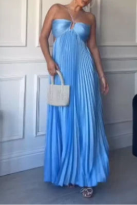 Sexy Blue Pleated Cutout A Line Spaghetti Straps Backless Prom Dresses Long Party Dress