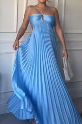 Sexy Blue Pleated Cutout A Line Spaghetti Straps Backless Prom Dresses Long Party Dress