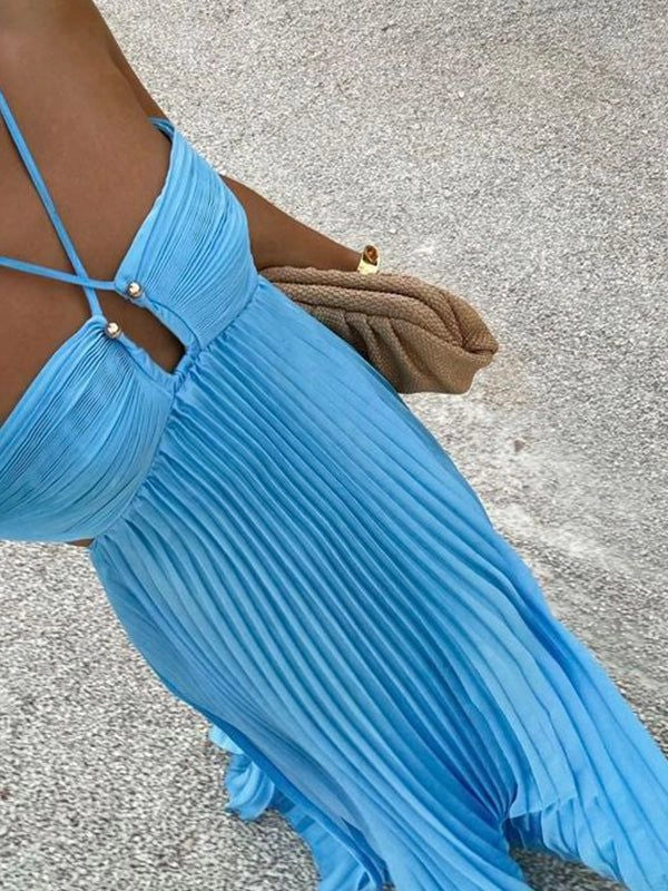 Sexy Blue Pleated Cutout A Line Spaghetti Straps Backless Prom Dresses Long Party Dress