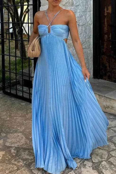Sexy Blue Pleated Cutout A Line Spaghetti Straps Backless Prom Dresses Long Party Dress