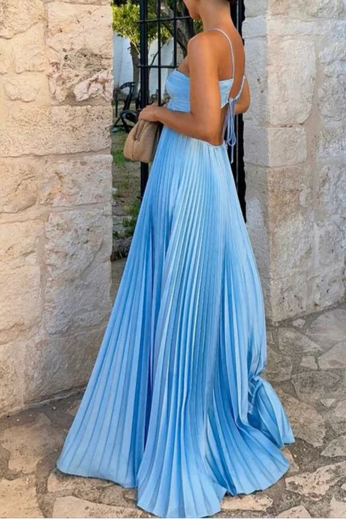Sexy Blue Pleated Cutout A Line Spaghetti Straps Backless Prom Dresses Long Party Dress