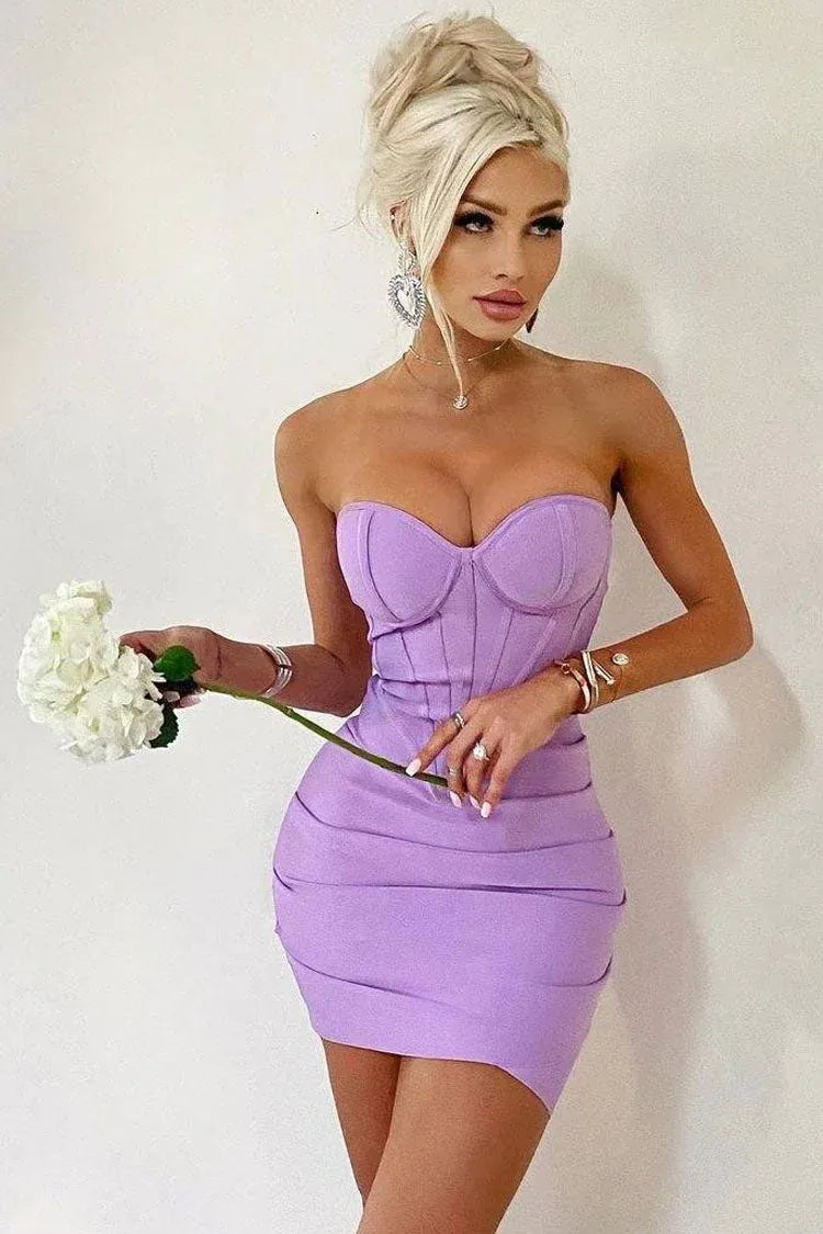 Sexy Bodycon Sweetheart Strapless Corset Ruched Lavender Mini Homecoming Dress