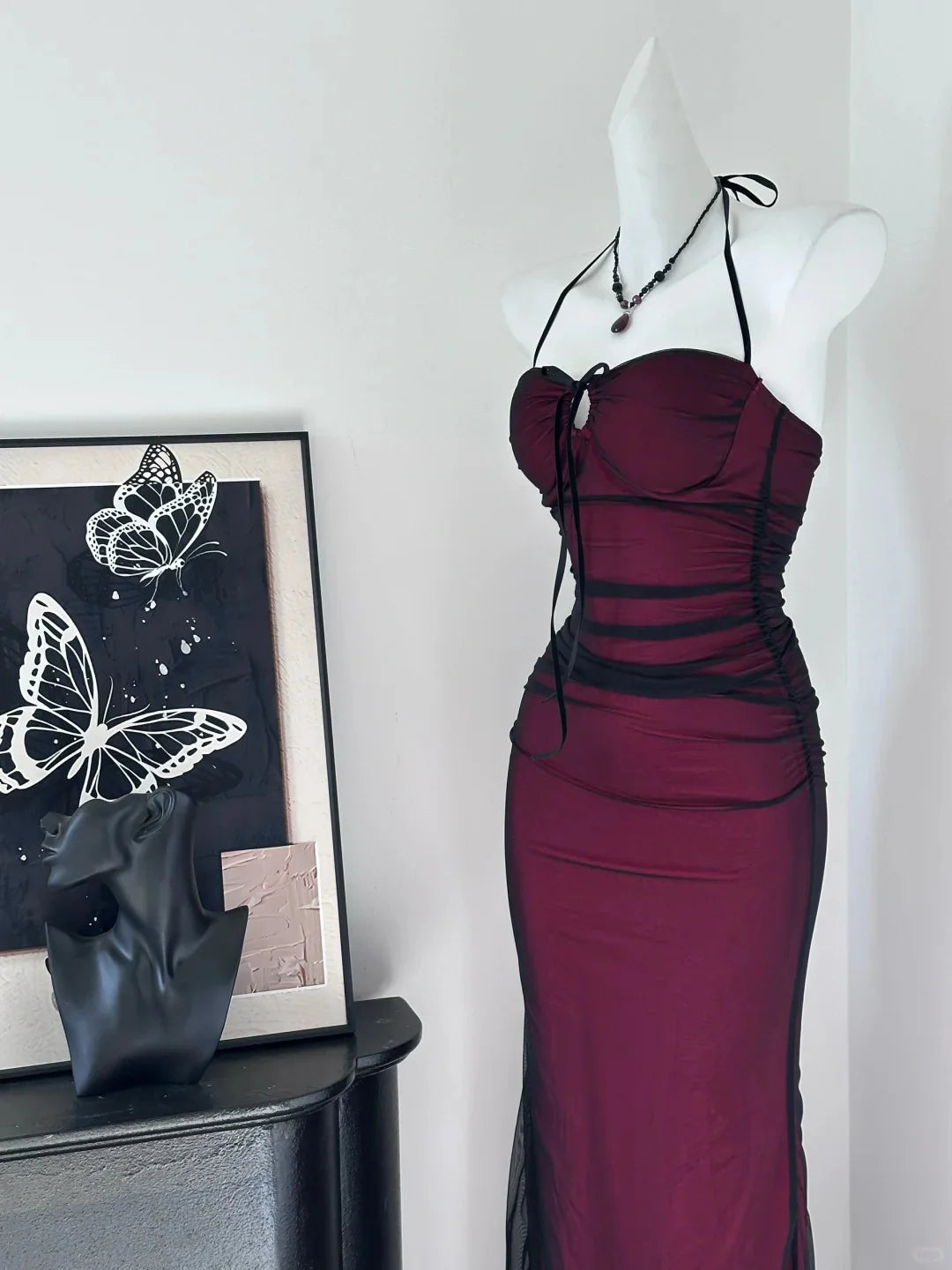Sexy Burgundy Black Tulle Halter Spaghetti Straps Simple Mermaid Long Prom Dress Budget Party Dresses