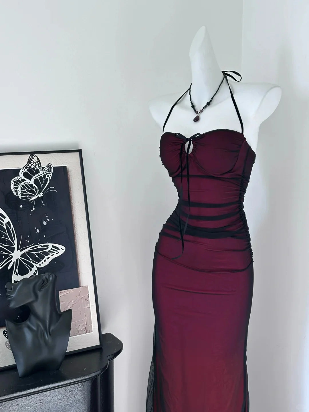 Sexy Burgundy Black Tulle Halter Spaghetti Straps Simple Mermaid Long Prom Dress Budget Party Dresses