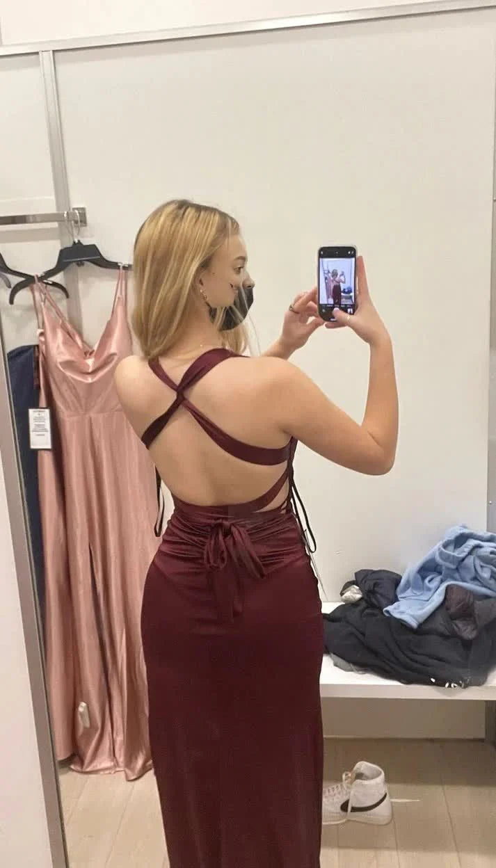 Sexy Burgundy Satin Sheath Halter V Neckline Cross Straps Slit Party Dress Long Prom Dresses