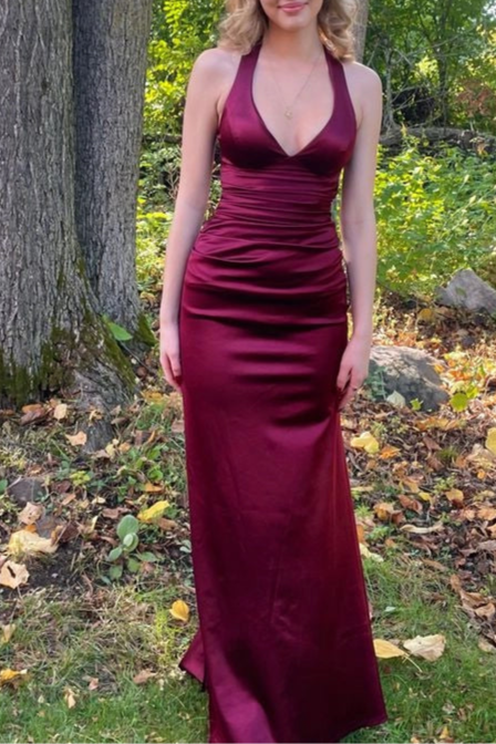 Sexy Burgundy Satin Sheath Halter V Neckline Cross Straps Slit Party Dress Long Prom Dresses