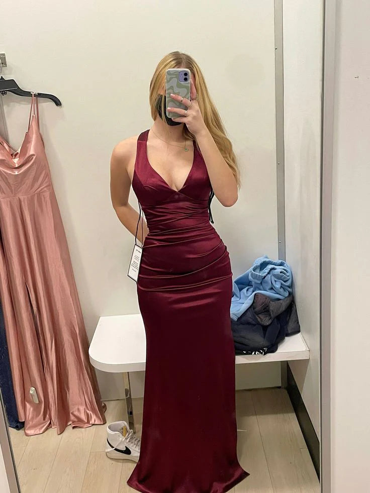 Sexy Burgundy Satin Sheath Halter V Neckline Cross Straps Slit Party Dress Long Prom Dresses