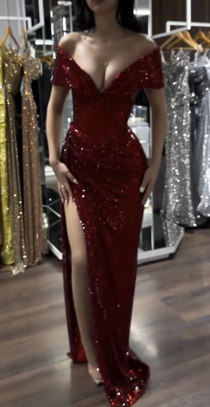Sexy Burgundy Sequin Off The Shoulder Evening Dress With Side High Slit Sexy Prom Dress