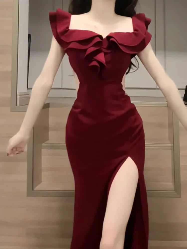 Sexy Burgundy Sheath Cut Out Off The Shoulder Ruffles Slit Holiday Prom Dresses Evening Dress