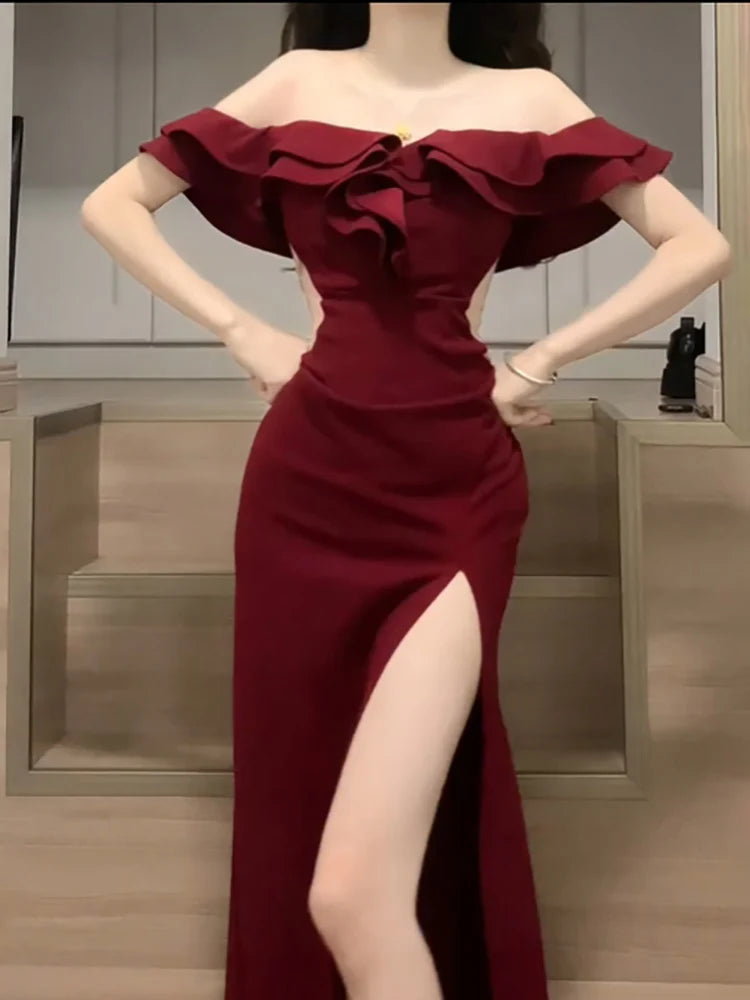 Sexy Burgundy Sheath Cut Out Off The Shoulder Ruffles Slit Holiday Prom Dresses Evening Dress