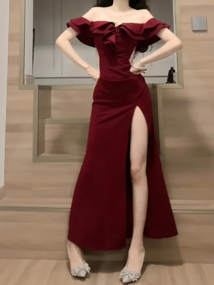 Sexy Burgundy Sheath Cut Out Off The Shoulder Ruffles Slit Holiday Prom Dresses Evening Dress