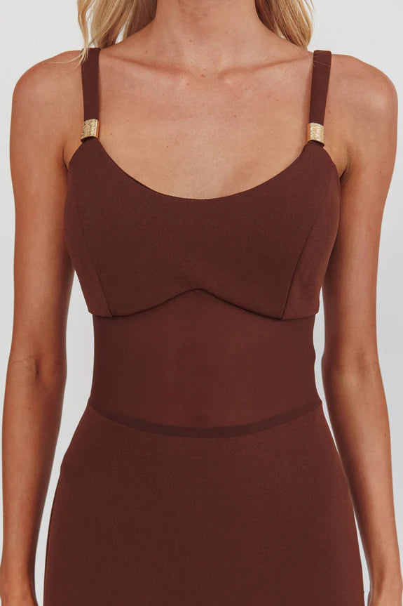 Sexy Casual Sheer Waist Chocolate Maxi Homecoming Dress Prom Dress