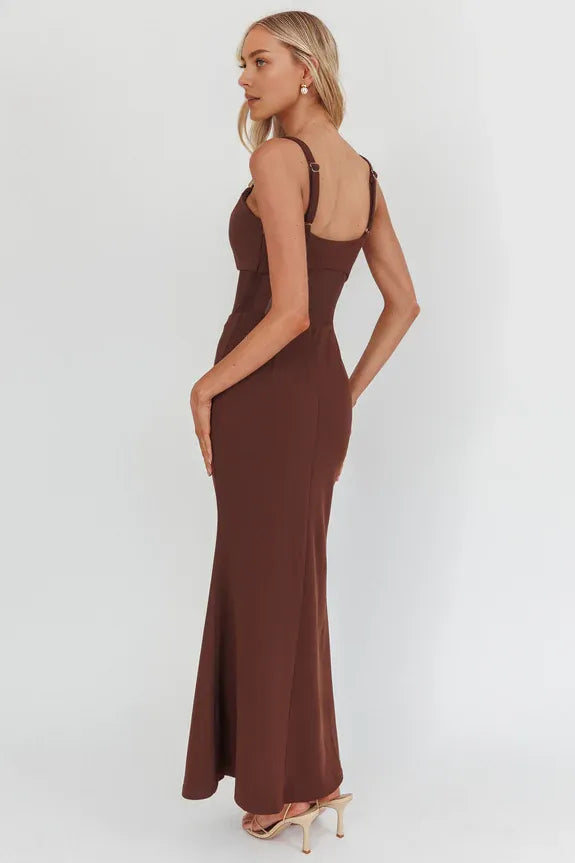 Sexy Casual Sheer Waist Chocolate Maxi Homecoming Dress Prom Dress