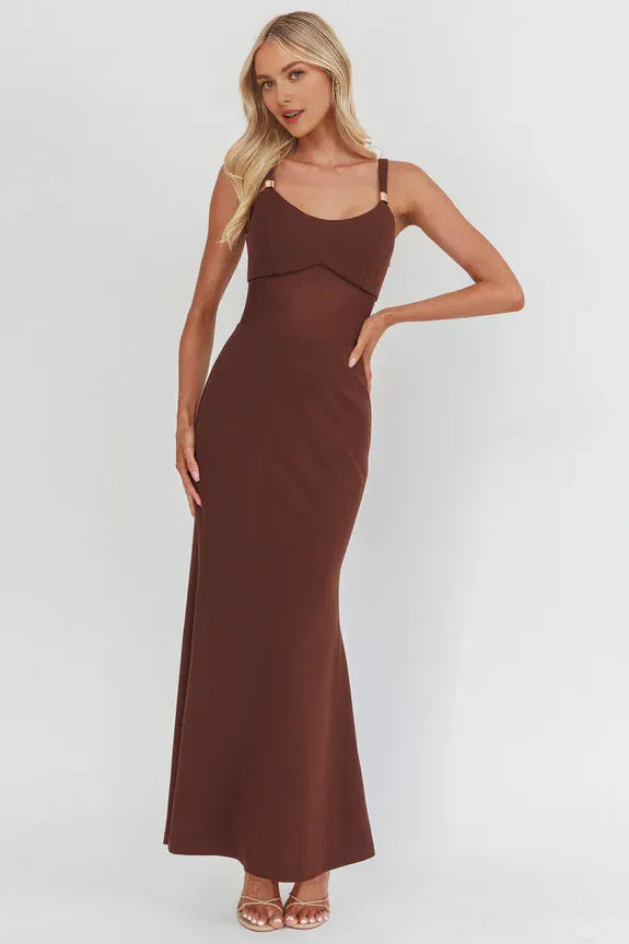 Sexy Casual Sheer Waist Chocolate Maxi Homecoming Dress Prom Dress