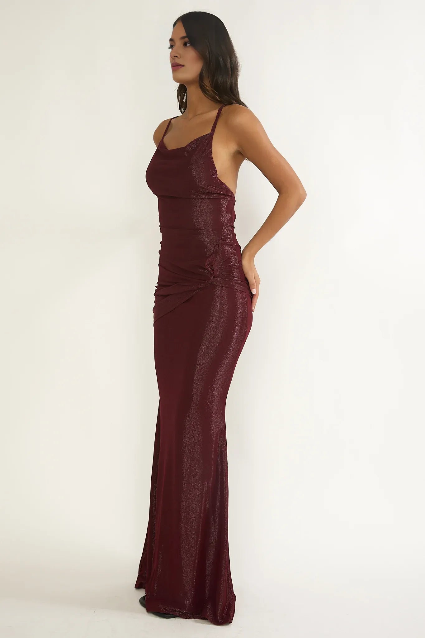 Sexy Cowl Neck Ruching Criss-Cross Back Burgundy Maxi Evening Dress