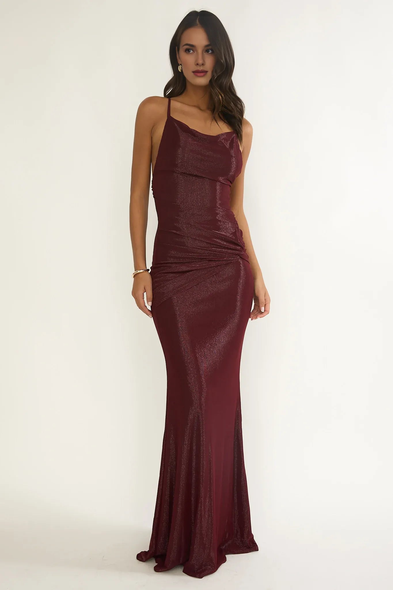 Sexy Cowl Neck Ruching Criss-Cross Back Burgundy Maxi Evening Dress
