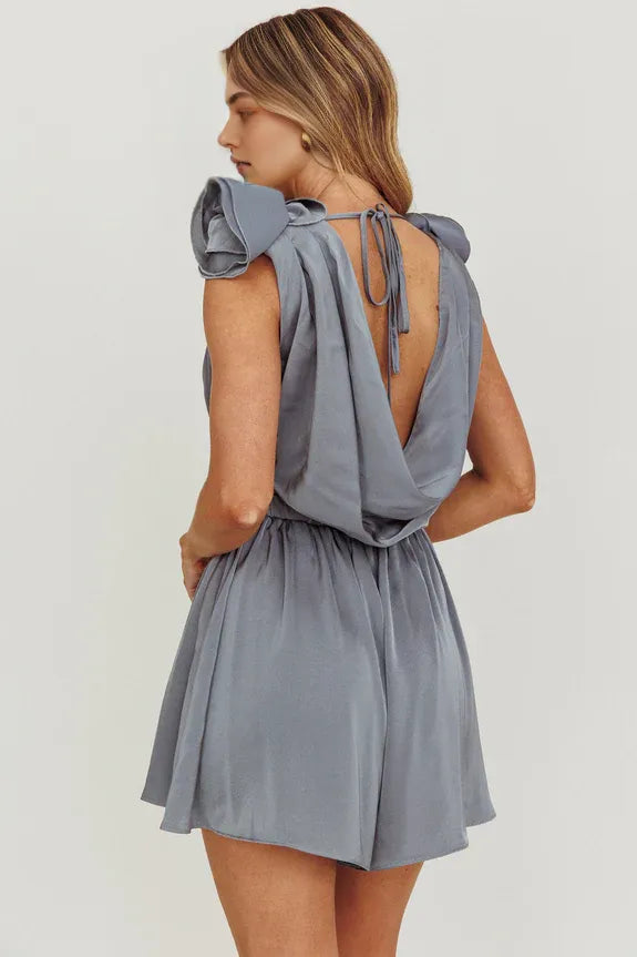 Sexy Cowl Neck 3D Rosette Draped Back Cement Homecoming Romper