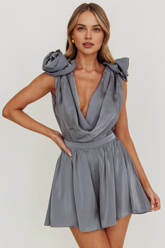 Sexy Cowl Neck 3D Rosette Draped Back Cement Homecoming Romper