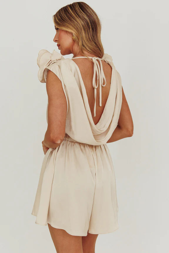 Sexy Cowl Neck 3D Rosette Draped Back Champagne Homecoming Romper