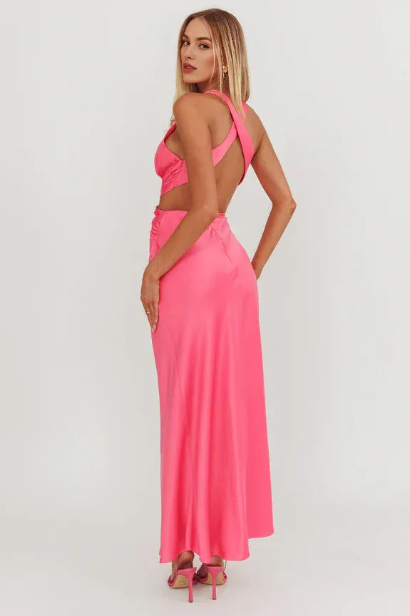 Sexy Deep V Neck Crossover Cutout Hot Pink Maxi Evening Dress For Women