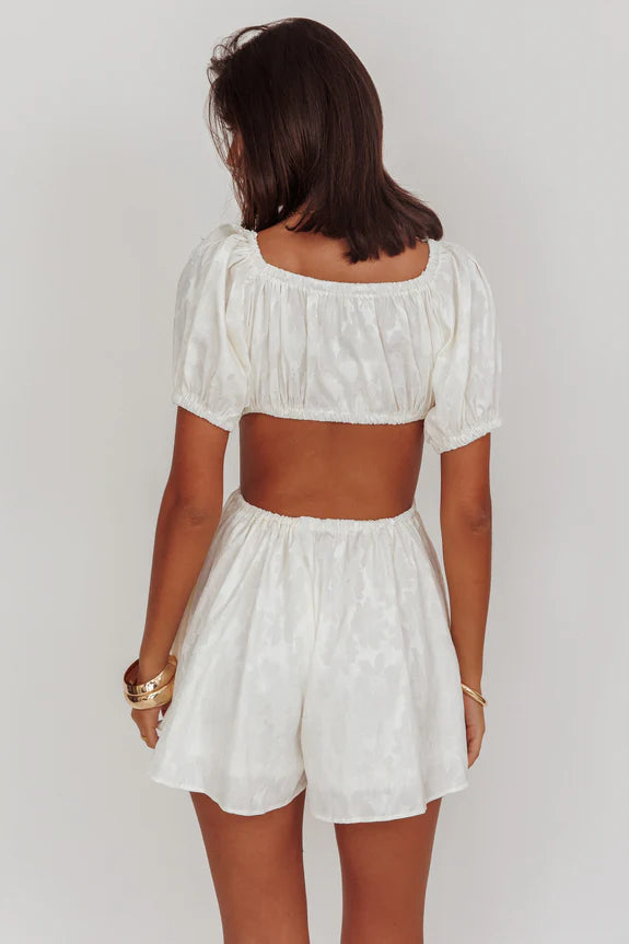Sexy Deep V Neck Puff Sleeves Cut Out Ivory Homecoming Romper