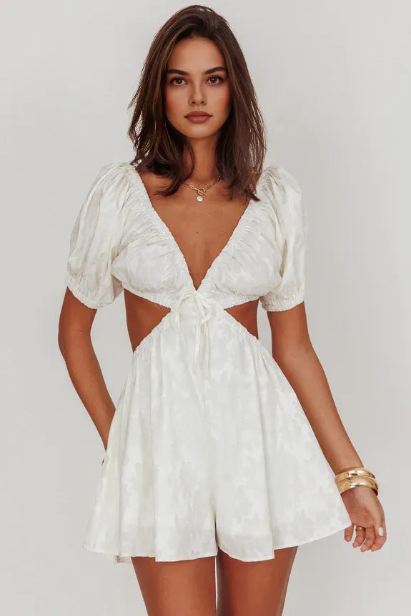 Sexy Deep V Neck Puff Sleeves Cut Out Ivory Homecoming Romper