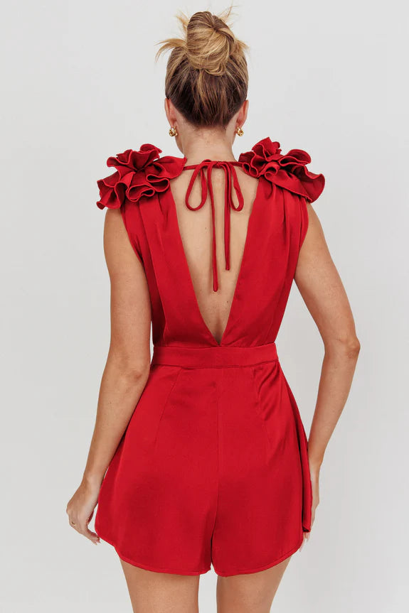 Sexy Draped Cowl Neck 3D Rosettes Opened Back Wine Homecoming Romper