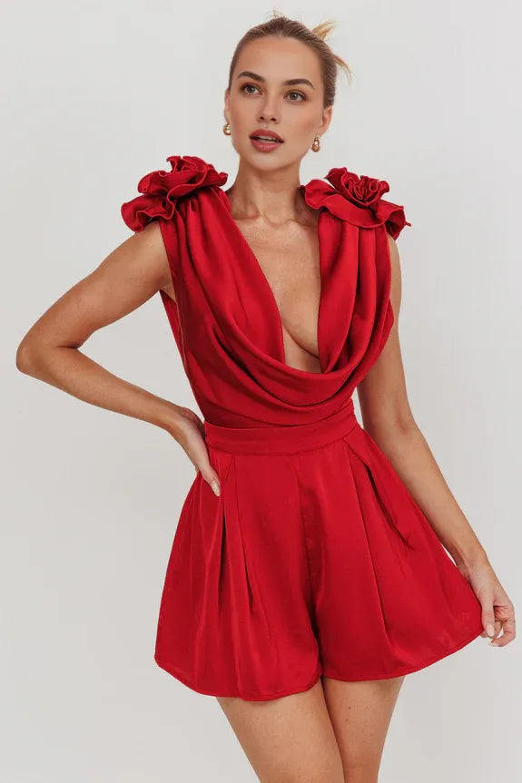 Sexy Draped Cowl Neck 3D Rosettes Opened Back Wine Homecoming Romper