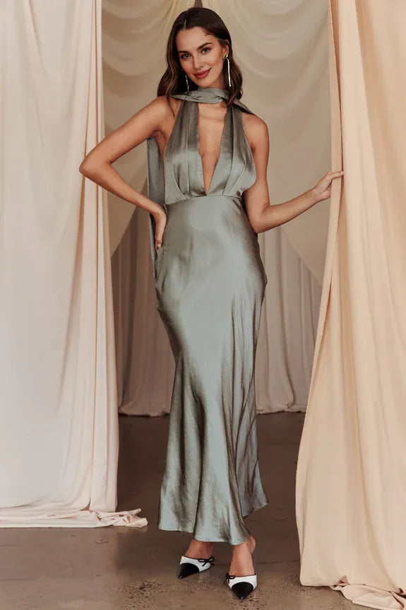 Sexy Halter Deep V Neck Low back Khaki Maxi Evening Dress Prom Dress