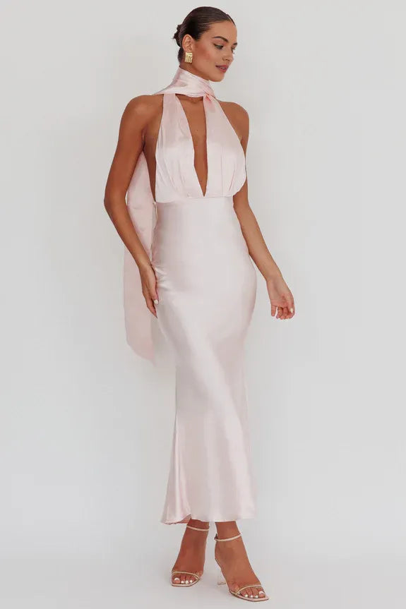 Sexy Halter Neck Rose Open Back Satin Cherry Evening Dress With Streamer