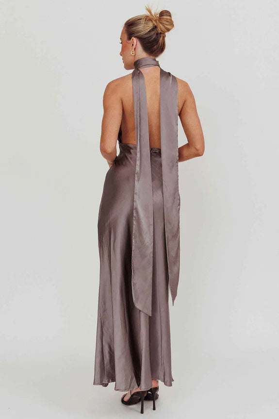 Sexy Halter Neck Rosette Cutout Open Back Satin Grey Maxi Evening Dress