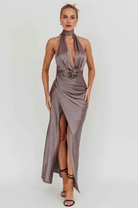 Sexy Halter Neck Rosette Cutout Open Back Satin Grey Maxi Evening Dress