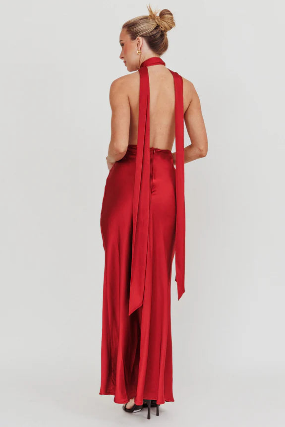 Sexy Halter Neck Rosette Cutout Open Back Satin Wine Maxi Evening Dress