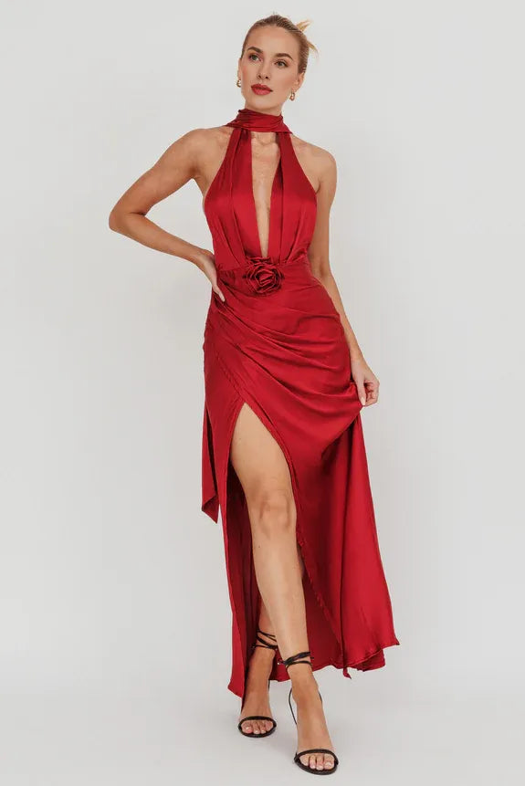 Sexy Halter Neck Rosette Cutout Open Back Satin Wine Maxi Evening Dress