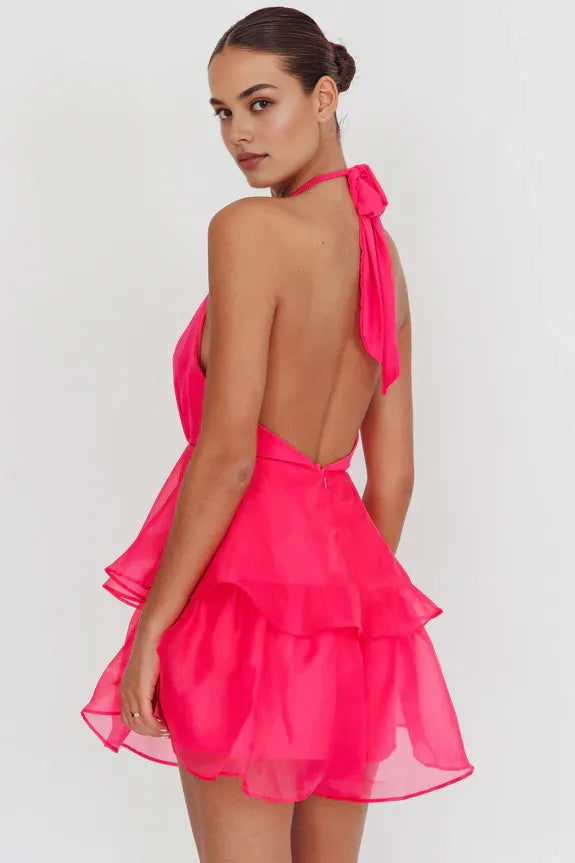 Sexy Halter Neck Tiered Ruffle Open Back Rose Mini Homecoming Romper