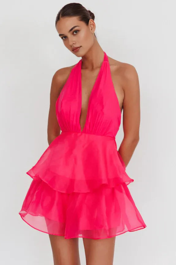 Sexy Halter Neck Tiered Ruffle Open Back Rose Mini Homecoming Romper