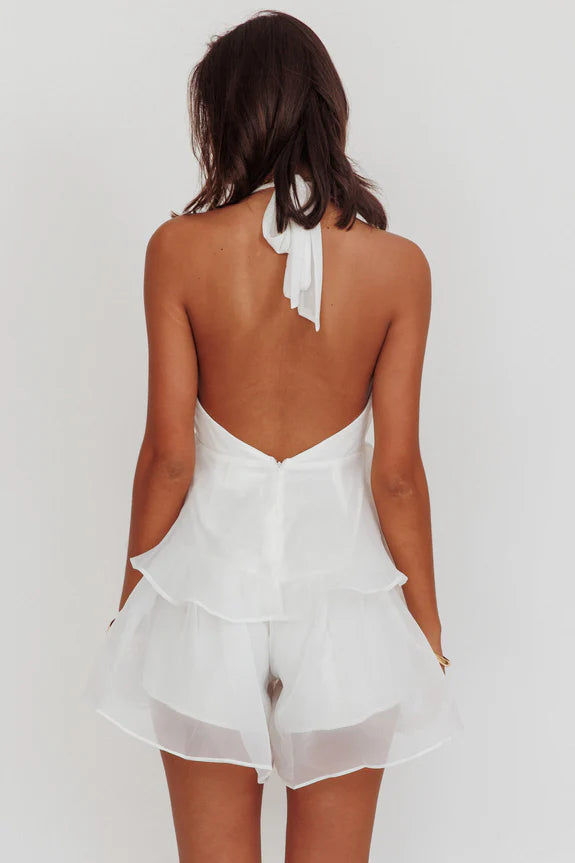 Sexy Halter Neck Tiered Ruffle Open Back White Mini Homecoming Romper
