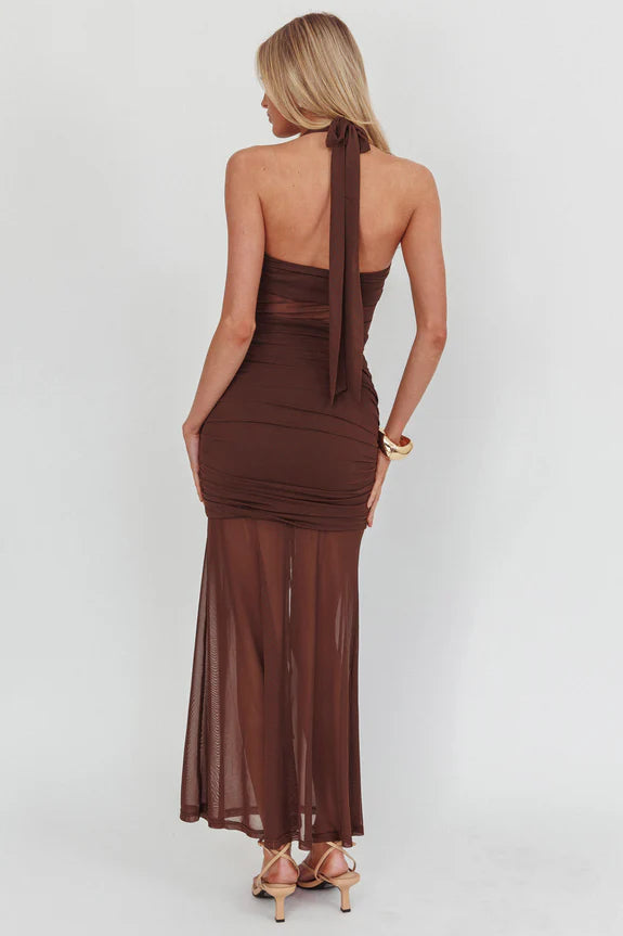 Sexy Halter Ruffle Sheer Insert Ruched Chocolate Maxi Prom Dress