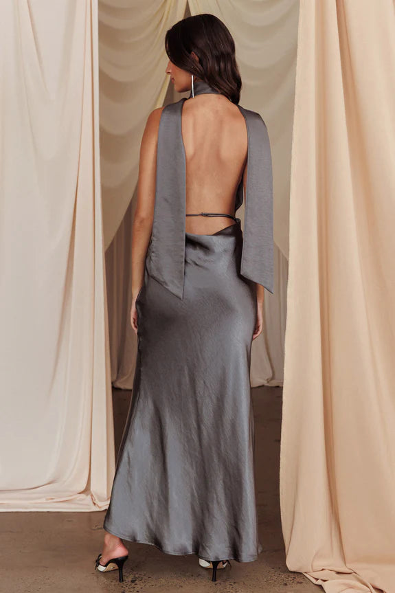 Sexy Halter V Neck Cutout Open Back Charcoal Maxi Evening Dress Party Dress