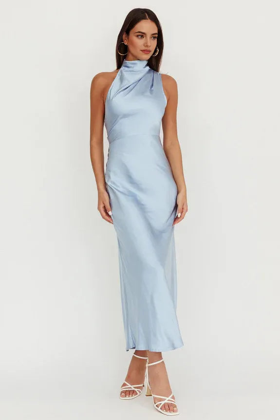 Sexy High Halter Neck Sleeveless Satin Blue Maxi Homecoming Dress Prom Dress