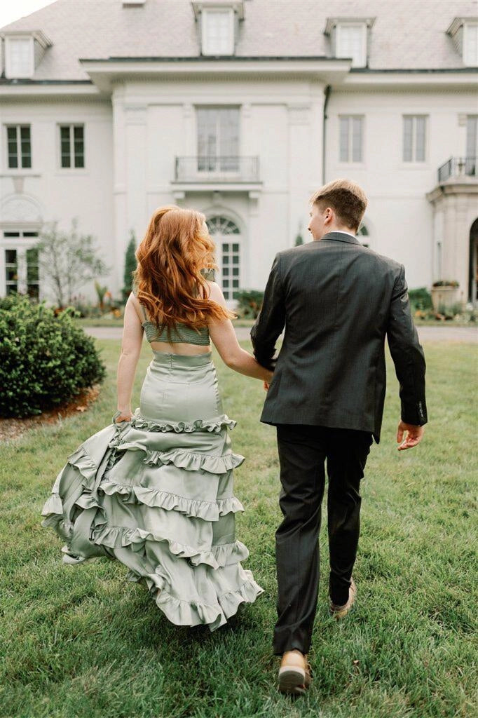 Sexy Knotted Sage Satin V Neck Ruffle Tiered Mermaid Cut Out Maxi Prom Dress Budget Black Party Dresses