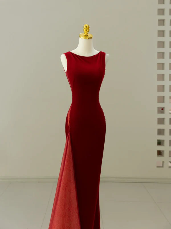 Sexy Mermaid Burgundy Velvet Scoop Neck Long Prom Dresses Hot Sale Party Dresses For Women With Beaded