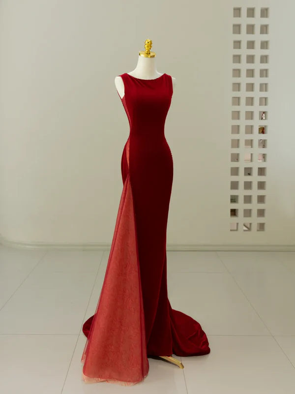 Sexy Mermaid Burgundy Velvet Scoop Neck Long Prom Dresses Hot Sale Party Dresses For Women With Beaded