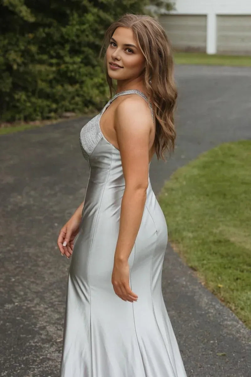 Sexy Mermaid Halter Cutout Beaded Satin Silver Prom Dress With Split