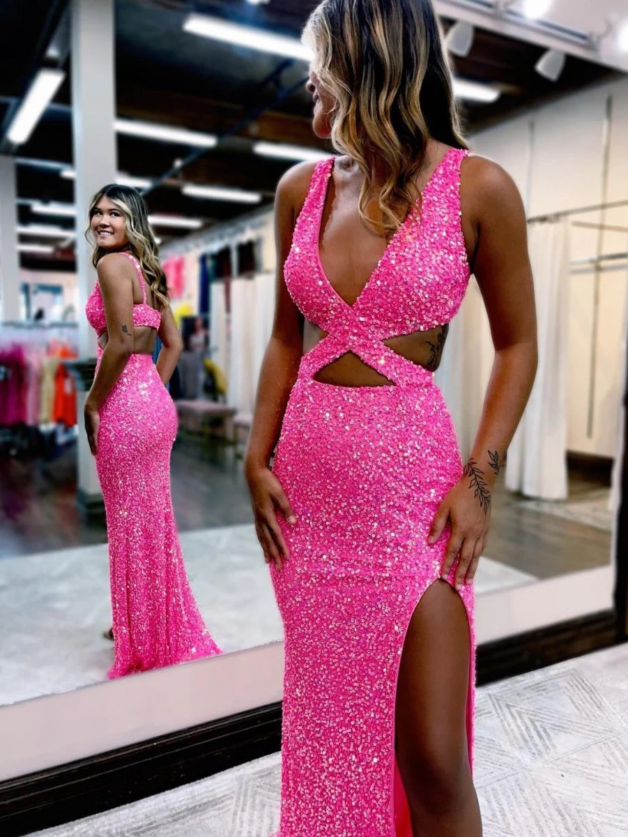 Sexy Mermaid V Neck Cutout Sequins Hot Pink Evening Dress With Slit