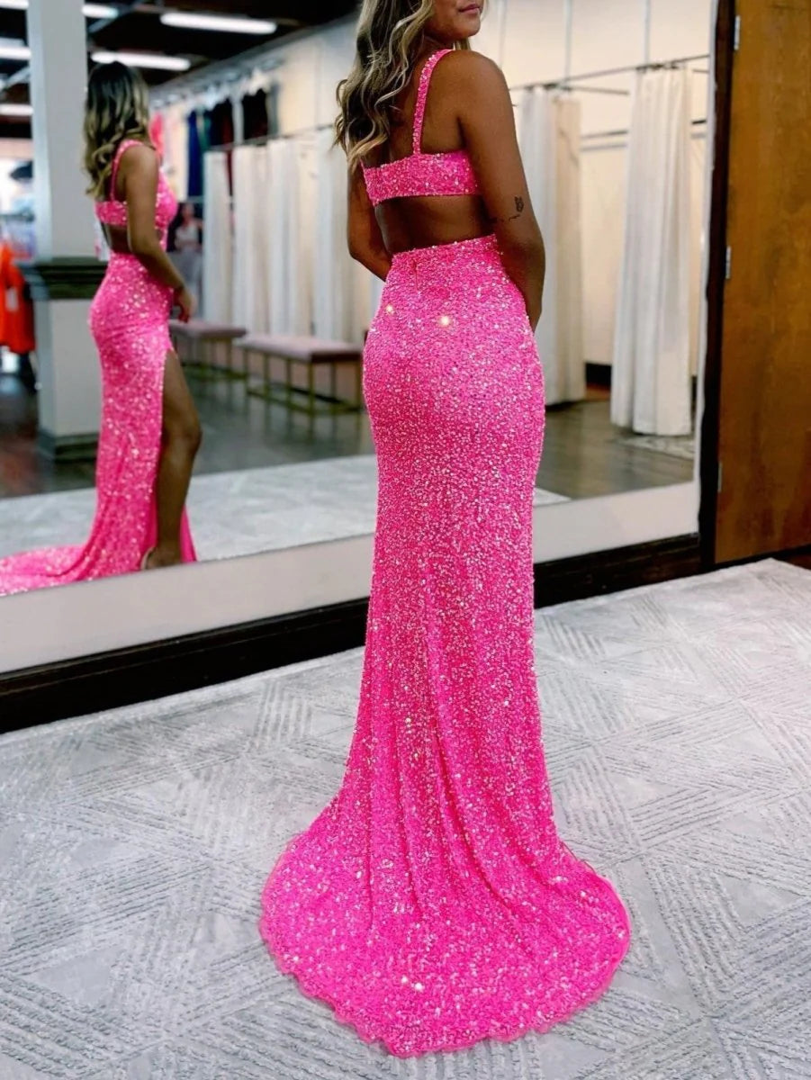 Sexy Mermaid V Neck Cutout Sequins Hot Pink Evening Dress With Slit