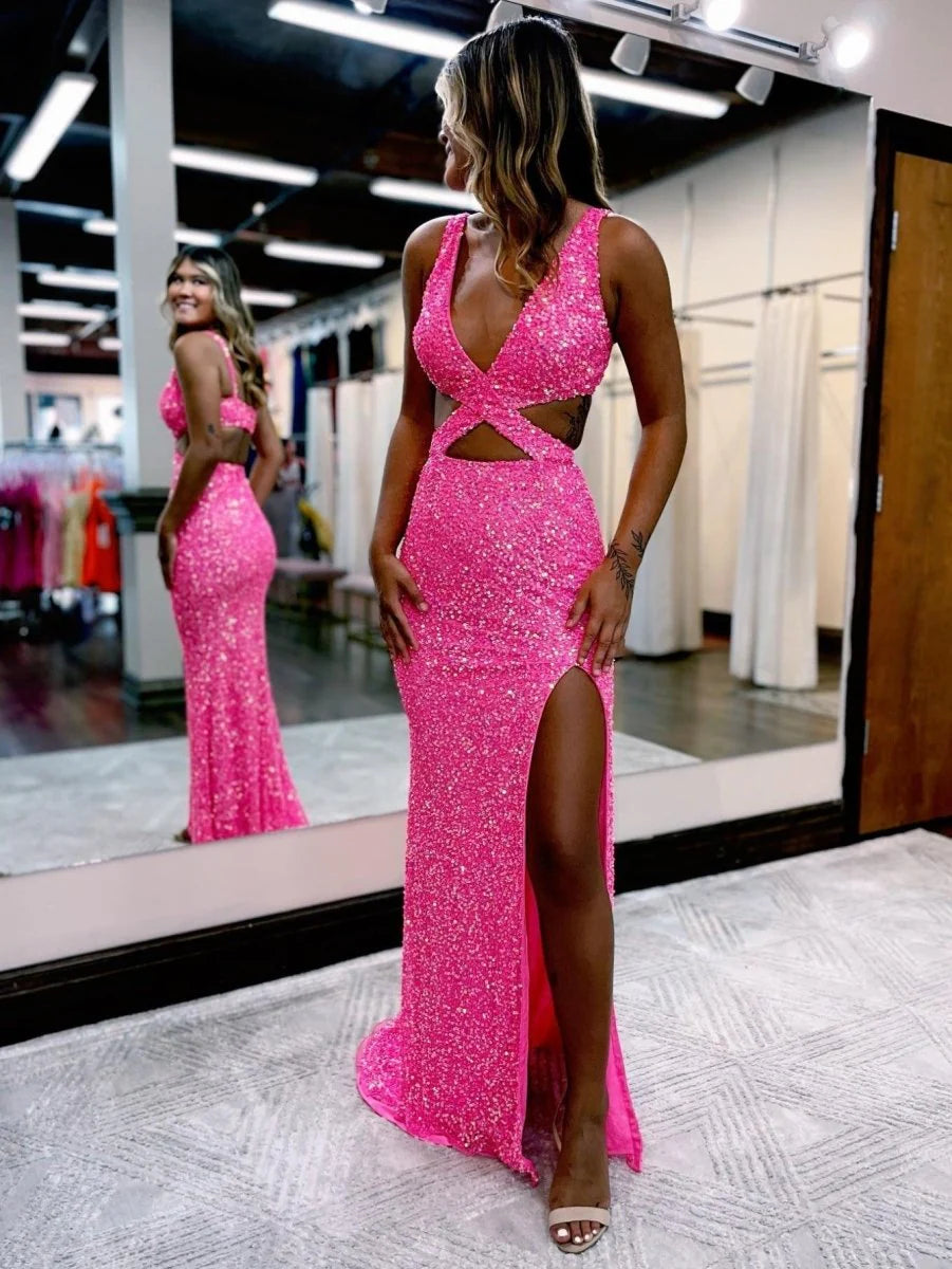 Sexy Mermaid V Neck Cutout Sequins Hot Pink Evening Dress With Slit