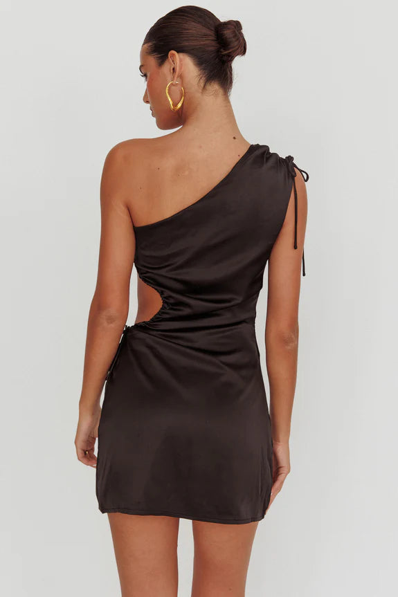 Sexy One Shoulder Ruched Cutout Tie Slit Black Mini Homecoming Dress