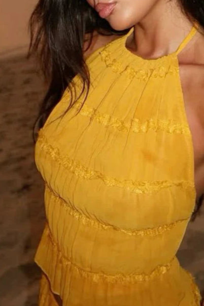 Sexy Orange Chiffon Halter Neck Backless Party Dress Long Vacation Dresses Two Piece