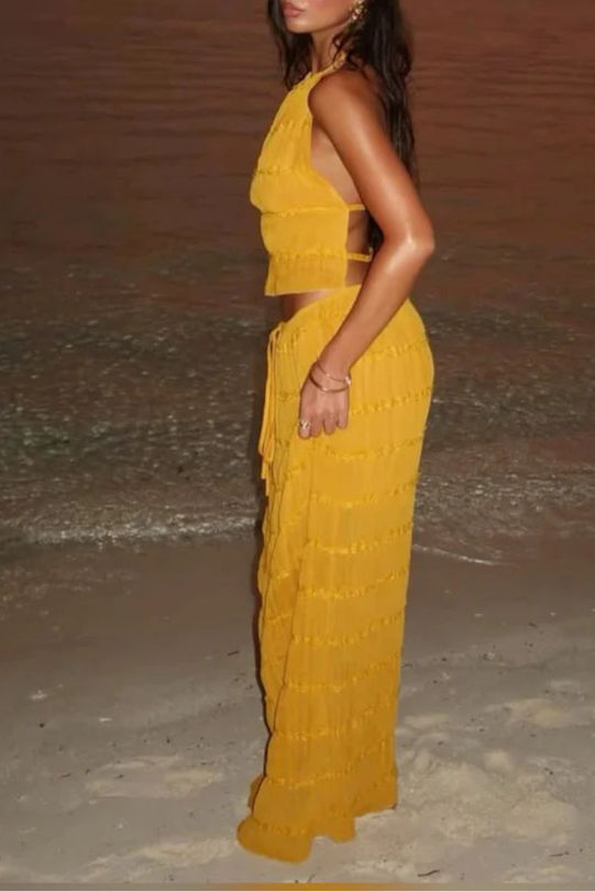 Sexy Orange Chiffon Halter Neck Backless Party Dress Long Vacation Dresses Two Piece